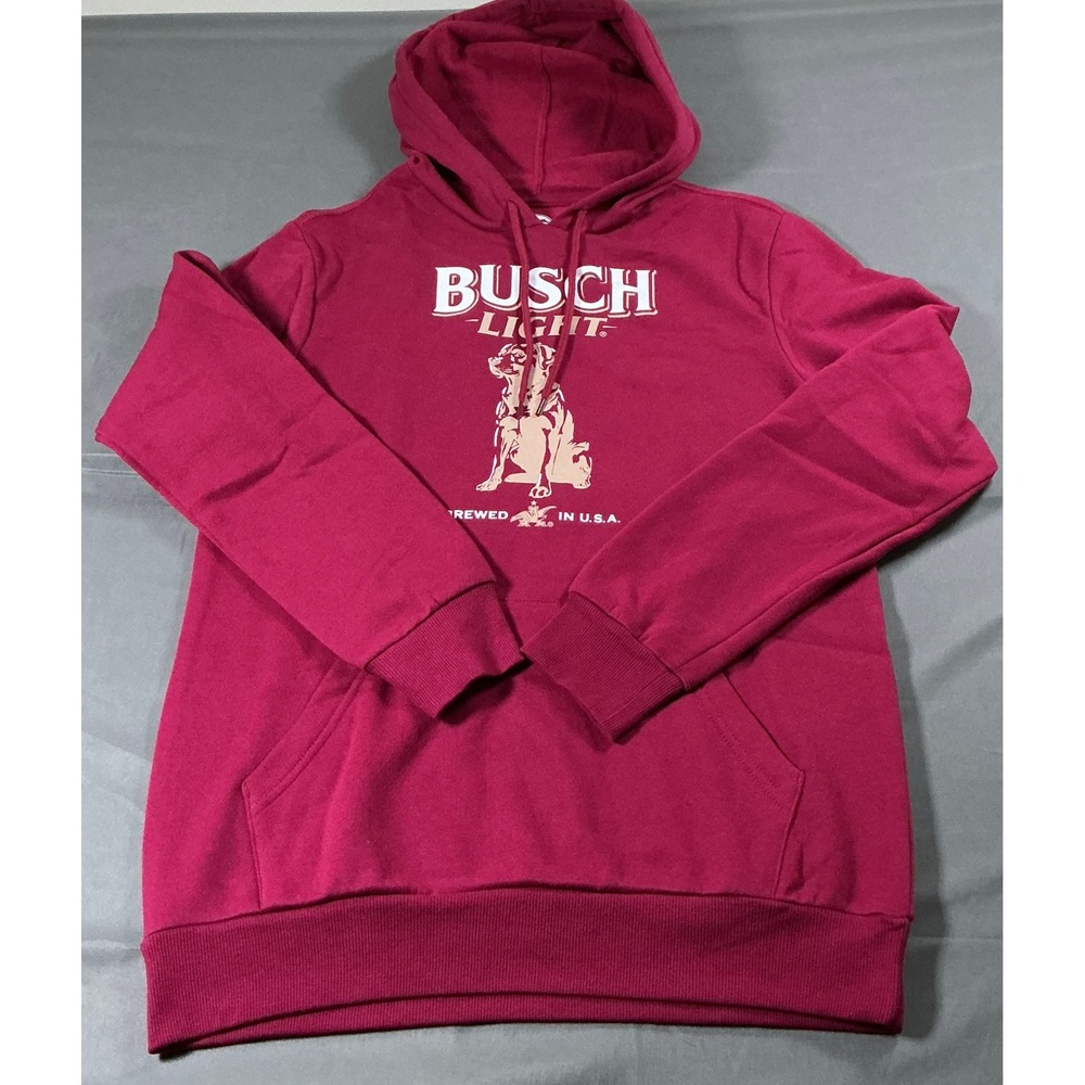 Busch Light Mens Small Burgundy‎ Maroon Camping Dog Graphic Hoodie Sweatshirt